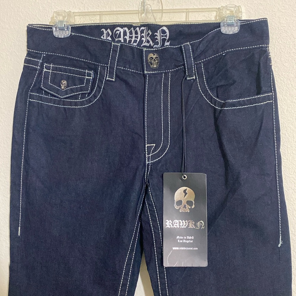 RAWKN Y2K Streetwear Blue Denim Jeans w Metallic Skull Buttons Women's Size 32